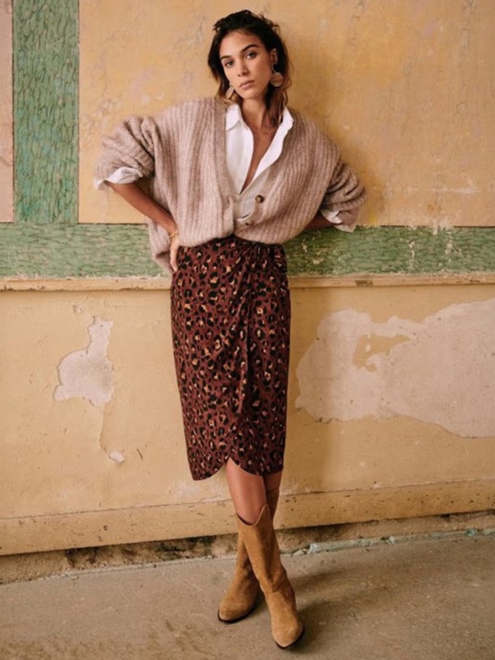 Sezane Katalina Skirt Brown Leopard Midi Faux Wrap Size 6 38